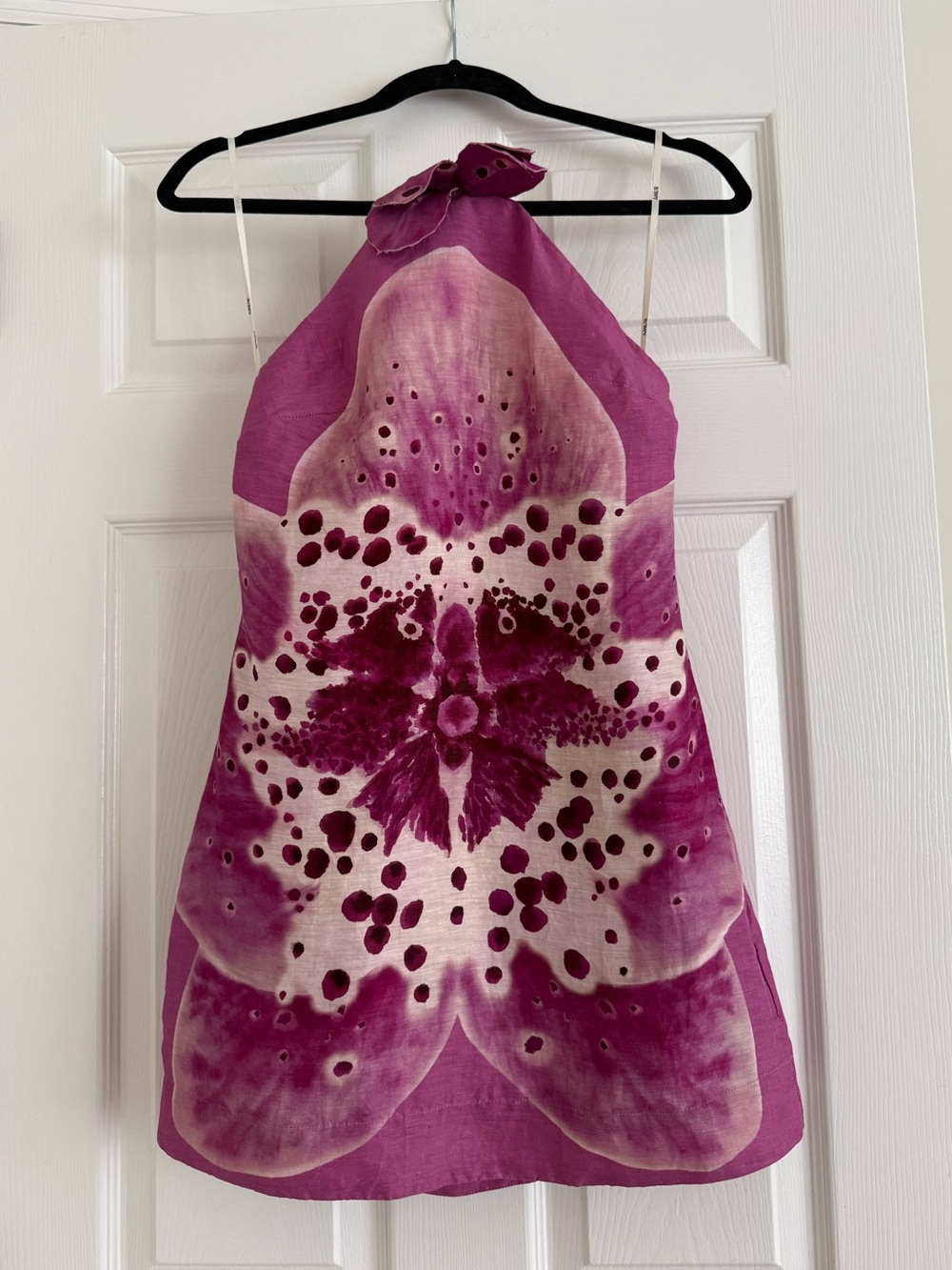 AMUR Everlee Orchid Print Linen Blend Halter Mini Dress Pink - Picture 3 of 16